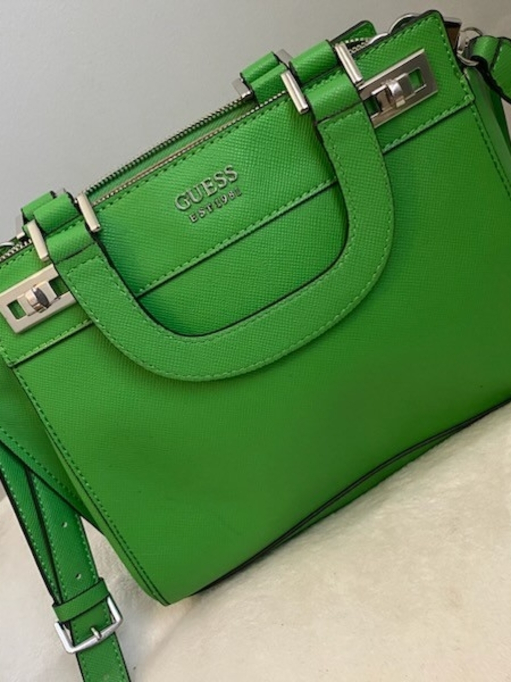 Guess Bright Green Saffiano Satchel with Silver Hardware